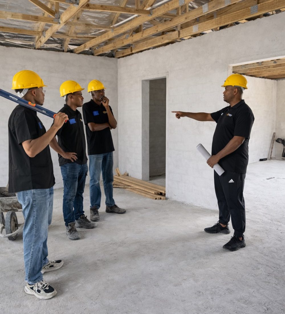 Construction team inside unfinished building